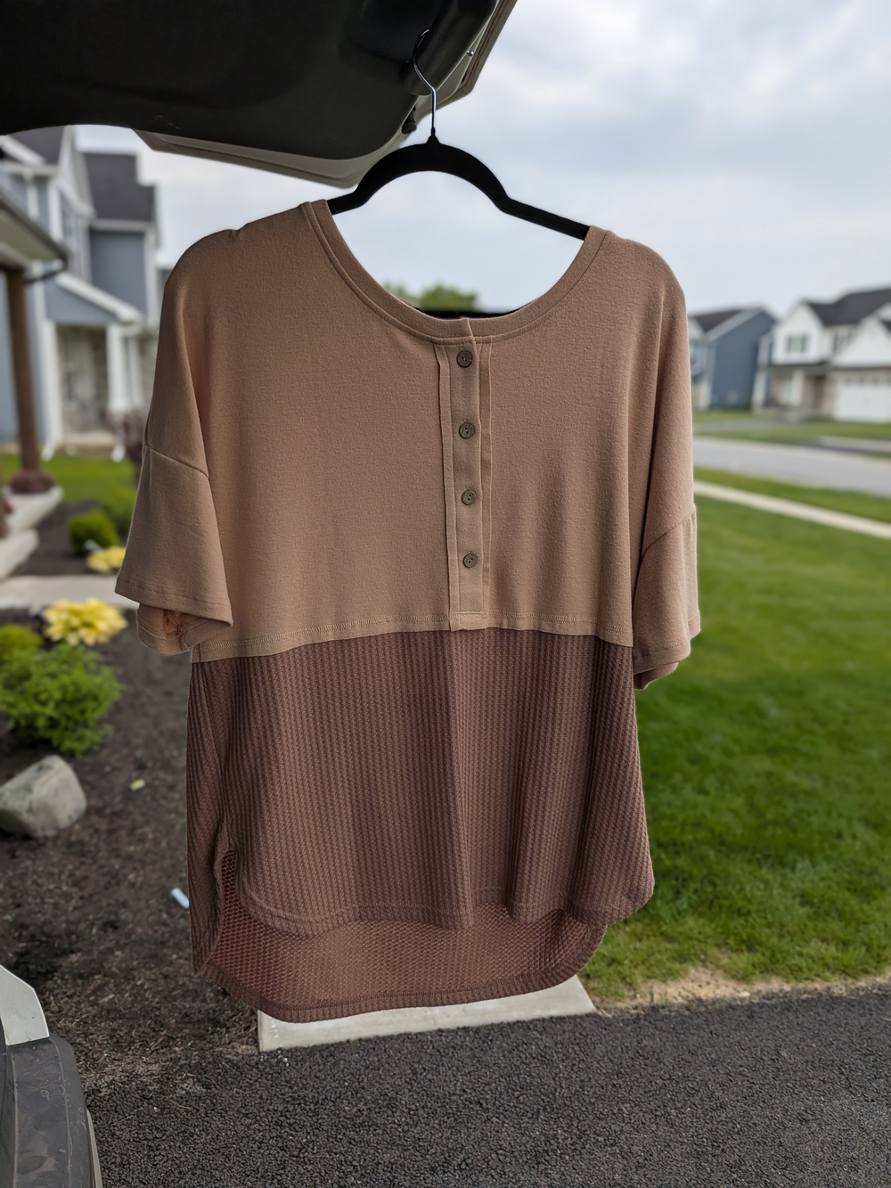 Women's Two-Tone Brown Waffle Henley Top